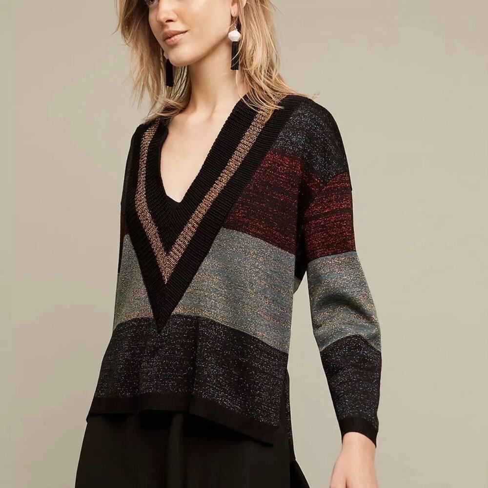 Moth for Anthropologie Amalthea V-Neck Pullover Size Small with Metallic Threads